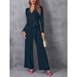 SHEIN Surplice V Neck Gigot Sleeve Belted Teal Blue Glitter Jumpsuit
